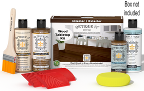 Retique It® Dark Oak Wood Tabletop Kit with Light Wood Primer, Dark Oak Wood'n Stain, Matte TripleTique Top Coat, Dark Oak Gel Stain Alternative, yellow sponge, red graining tool, brush, and kit box.