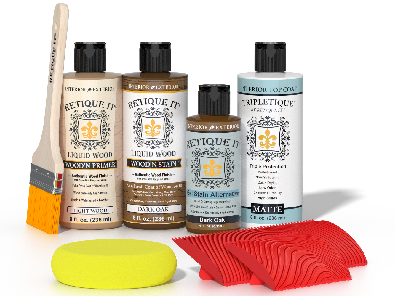 Retique It® Dark Oak Wood'n Kit with Light Wood Primer, Dark Oak Wood'n Stain, Matte TripleTique Top Coat, yellow sponge, red graining tool, and brush.