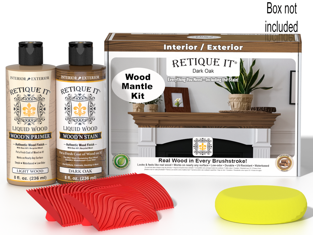 Retique It® Fireplace Mantel Wood'n Finish Kit in Dark Oak stain, showing the wood finish and staining tools.