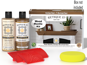 Retique It® Fireplace Mantel Wood'n Finish Kit in Dark Oak stain, showing the wood finish and staining tools.