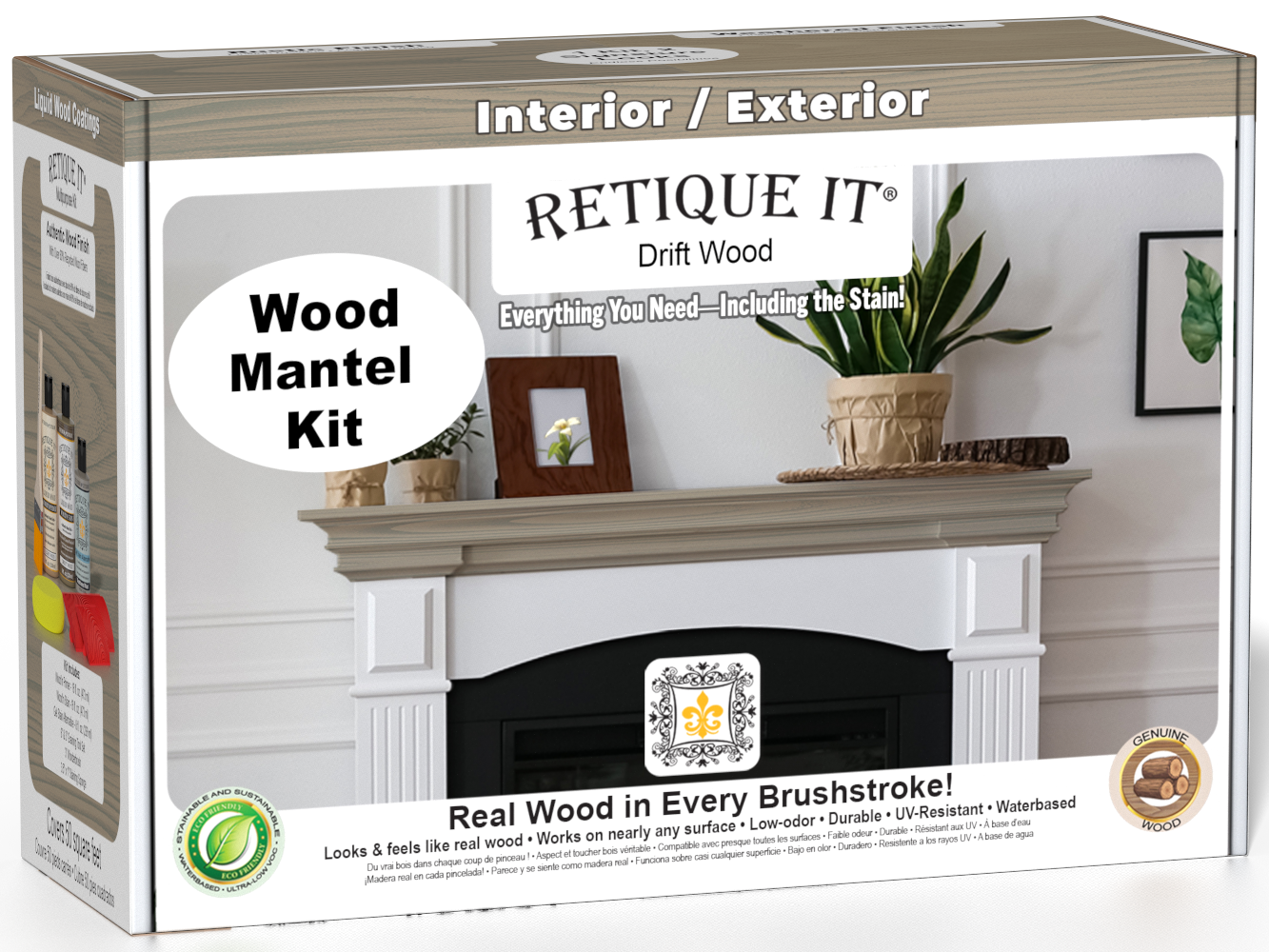 Retique It Fireplace Mantel Wood'n Finish Kit in Drift Wood stain, showcasing the stained wood mantel with natural wood grain.