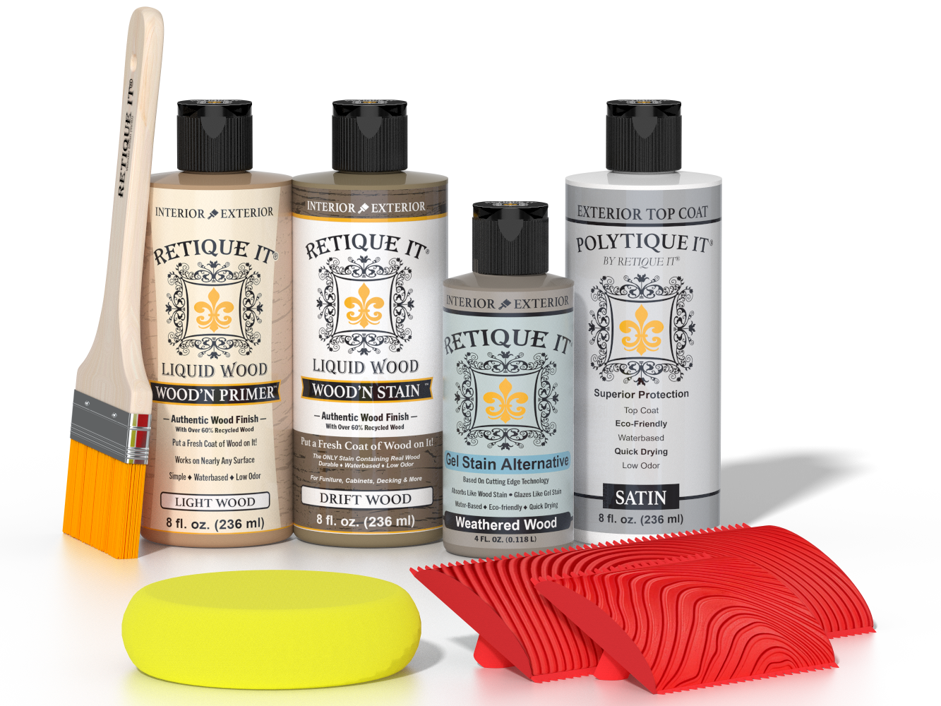 Retique It® Wood'n Kit with driftwood finish, including exterior top coat, featuring wood finish supplies and tools on a flat surface.