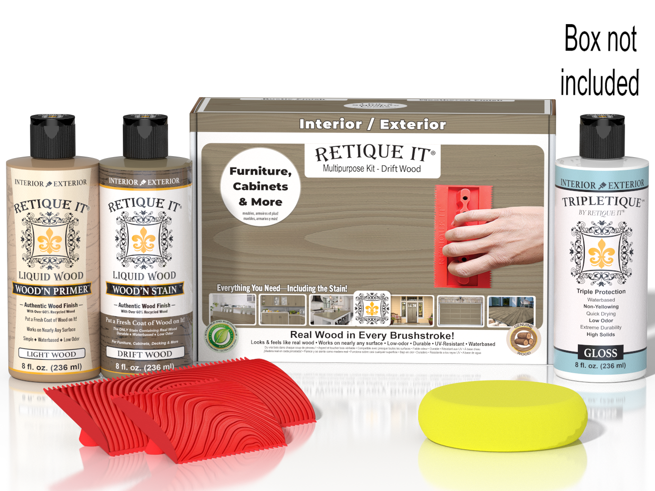 Retique It® Wood'n Finish Kit in Drift Wood for interior top coat, includes wood finish and tools in a compact box.