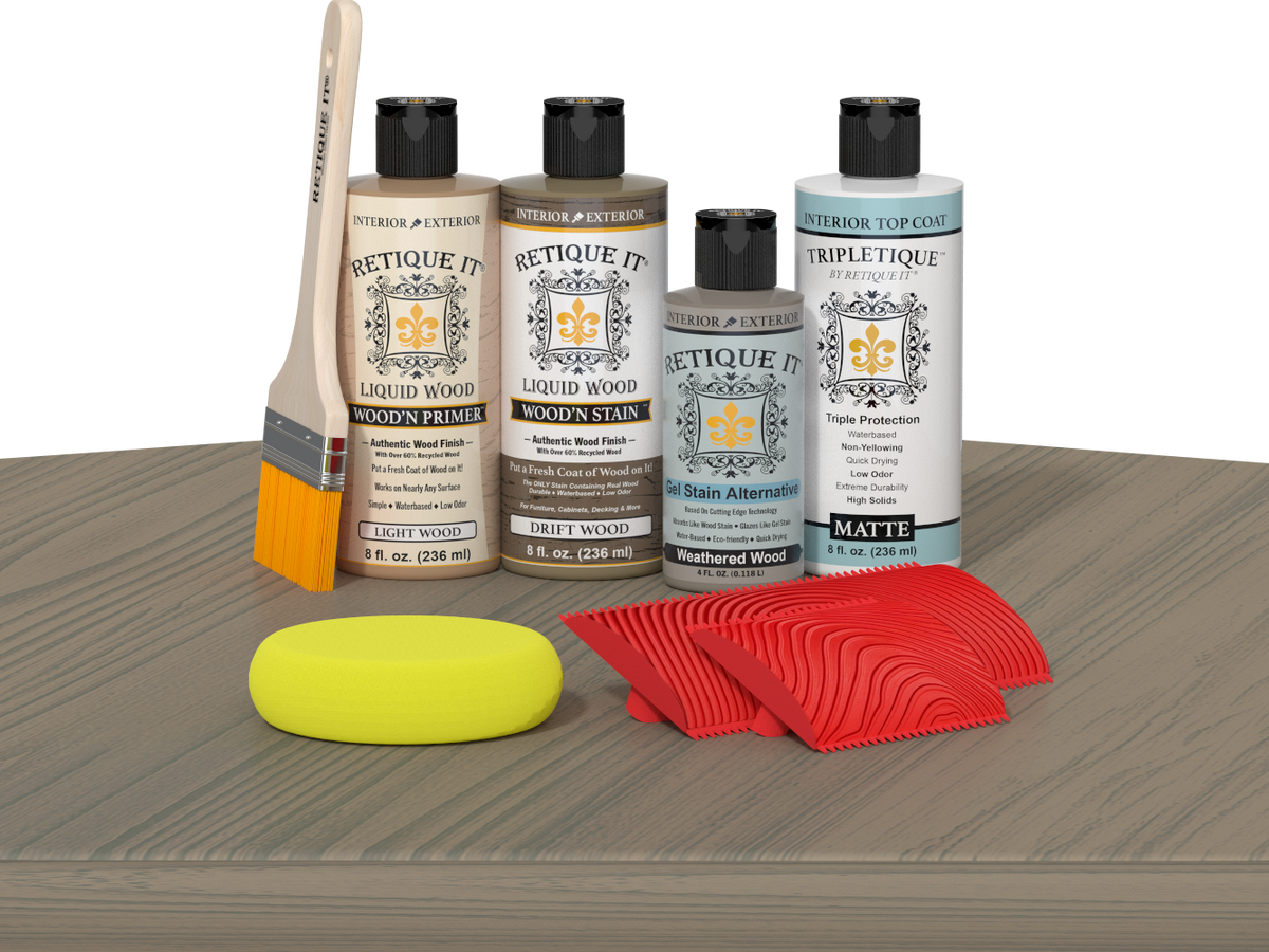 Retique It® Drift Wood Wood'n Kit with Matte TripleTique® includes a brush, Light Wood primer, Drift Wood stain, Weathered Wood Gel Stain Alternative, Matte TripleTique® top coat, a yellow sponge, and a red graining tool.