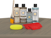 Retique It® Drift Wood Wood'n Kit with Matte TripleTique® includes a brush, Light Wood primer, Drift Wood stain, Weathered Wood Gel Stain Alternative, Matte TripleTique® top coat, a yellow sponge, and a red graining tool.