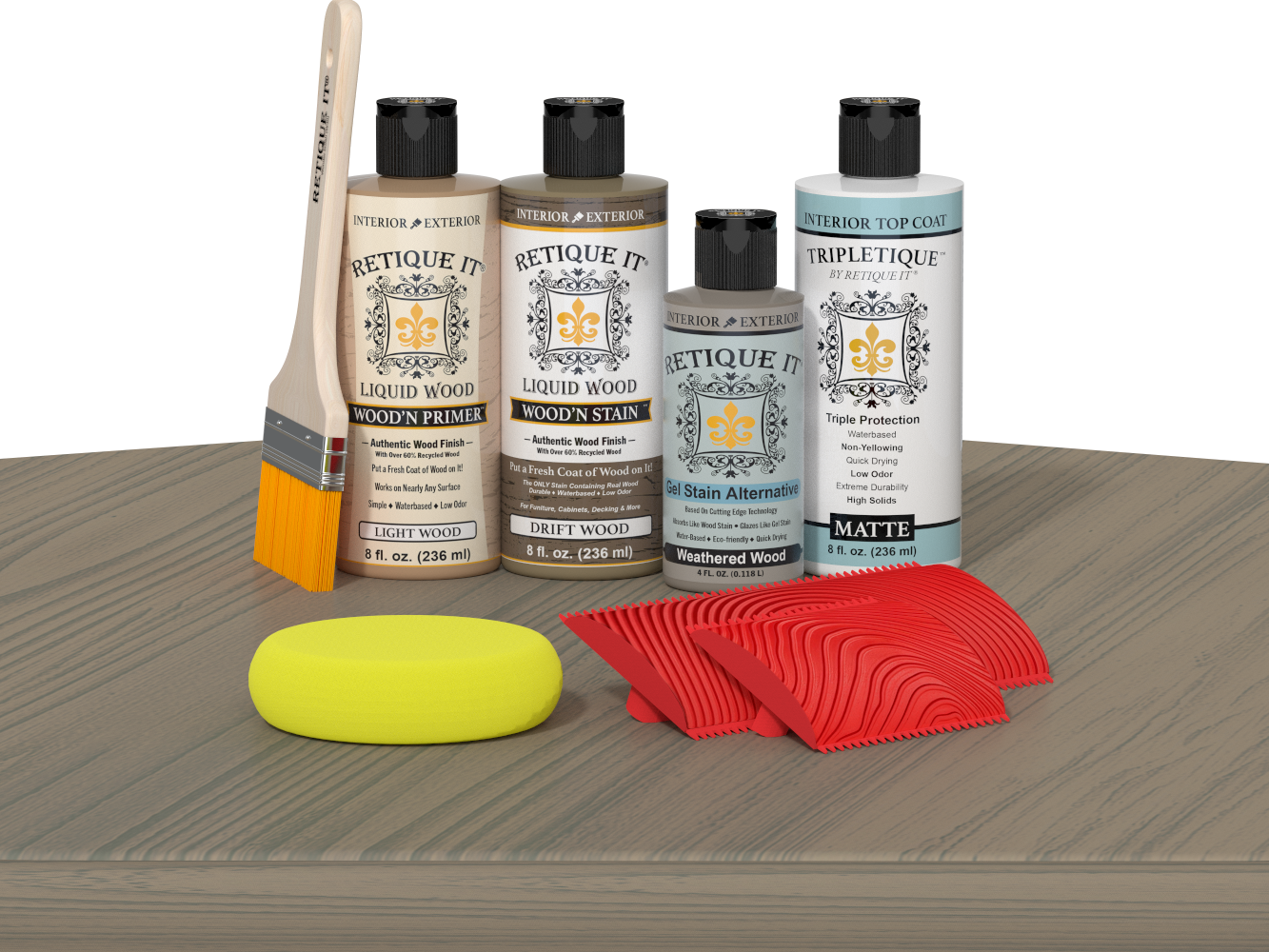 Retique It® Drift Wood Wood'n Kit with Light Wood primer, Drift Wood stain, Weathered Wood gel stain alternative, Matte Tripletique® Top Coat, brush, red graining tool, and yellow sponge.