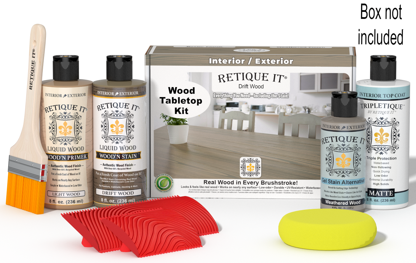 Retique It® Drift Wood Wood Tabletop Kit with Light Wood primer, Drift Wood stain, Weathered Wood gel stain alternative, Matte Tripletique® Top Coat, brush, red graining tool, yellow sponge, and product box.