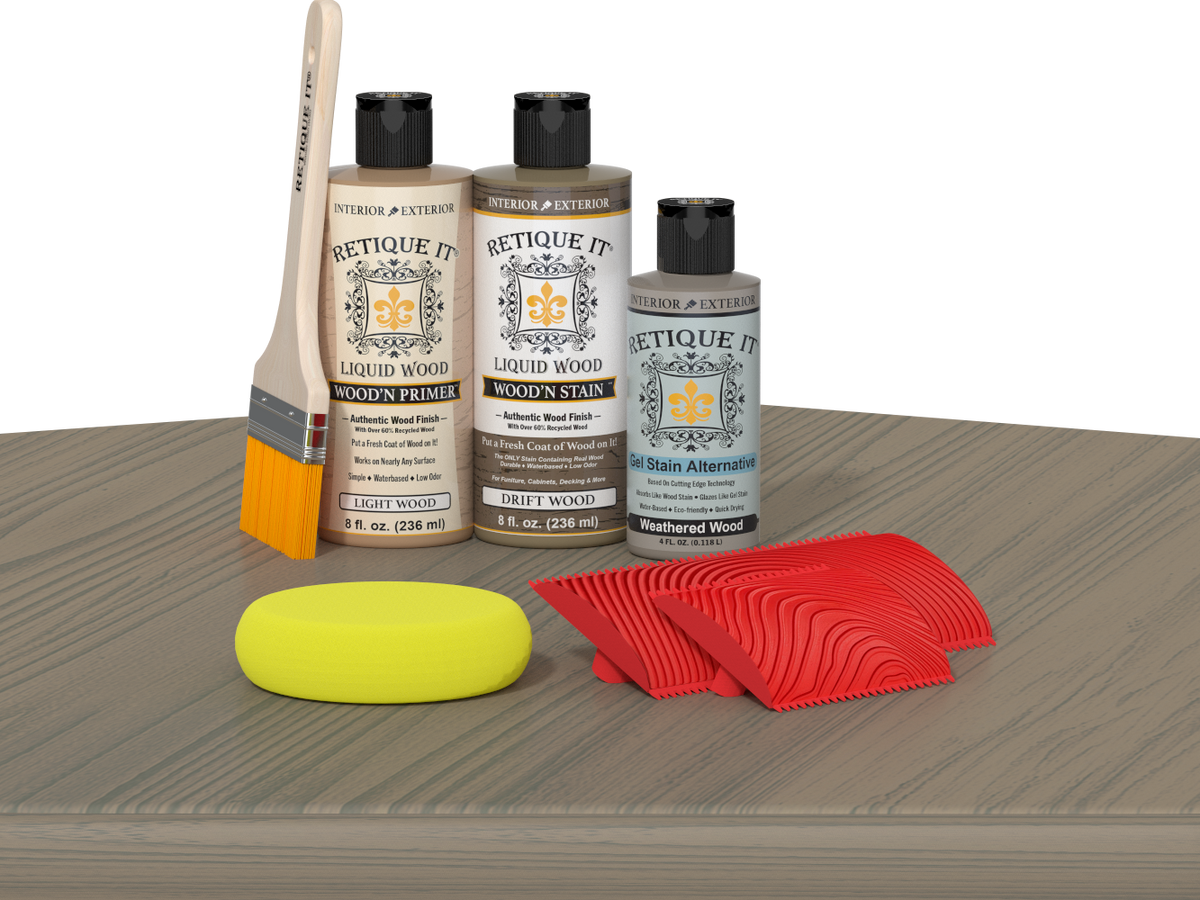 Retique It® Wood'n Finish Kit in Drift Wood, a multi-purpose kit with wood finishing supplies on a table.
