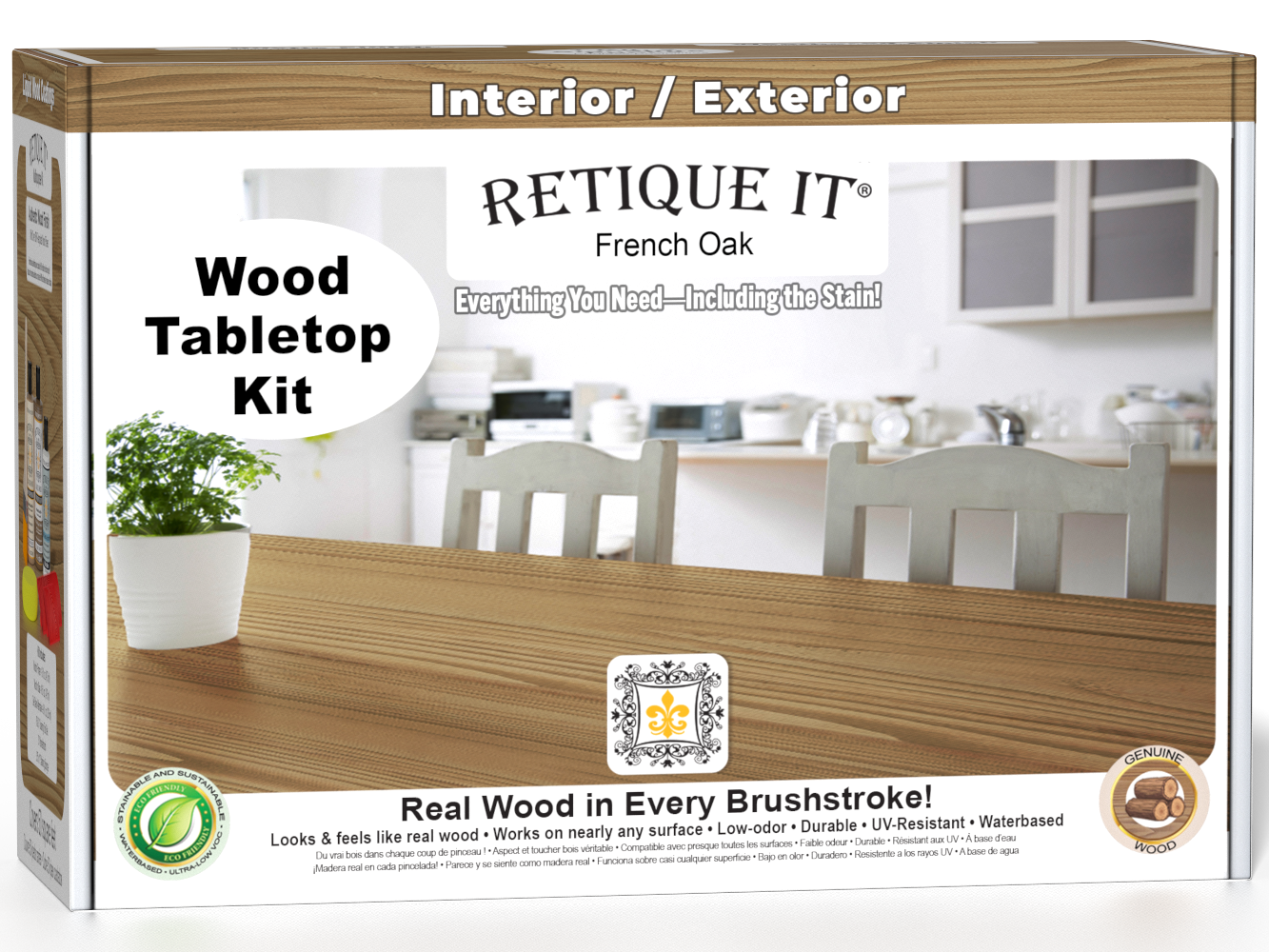 Retique It® Wood'n Finish Kit in French Oak stain, featuring wood stain bottles and applicator tools for tabletop finishing.