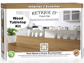 Retique It® Wood'n Finish Kit in French Oak stain, featuring wood stain bottles and applicator tools for tabletop finishing.