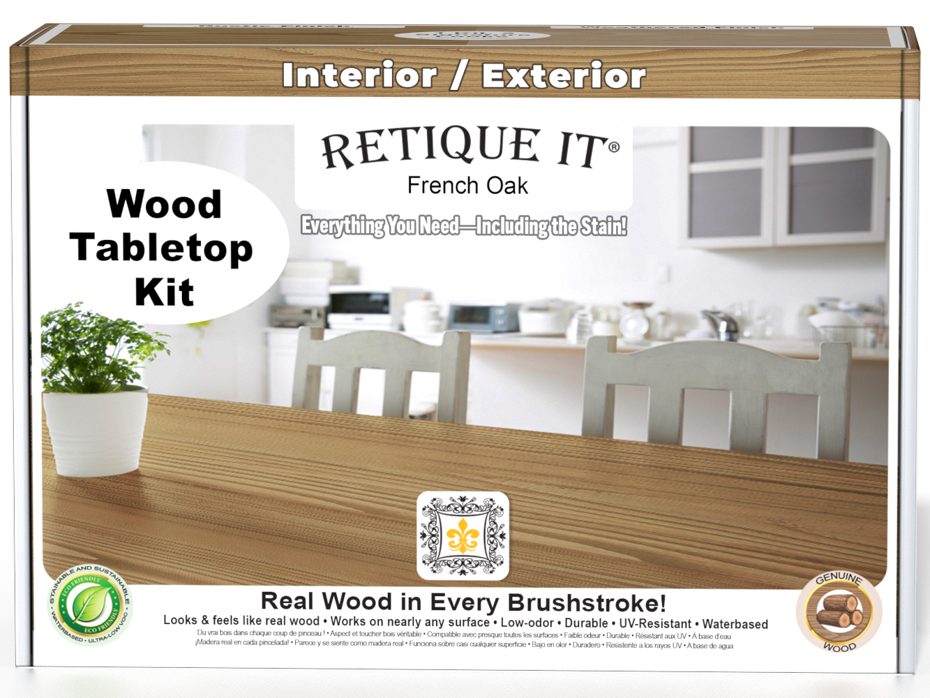 Retique It® Wood'n Finish Kit in French Oak stain, featuring a box with stain bottles and application tools for wood finishing.