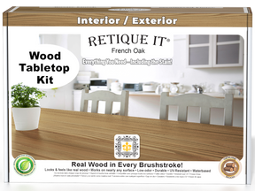 Retique It® Wood'n Finish Kit in French Oak stain, featuring a box with stain bottles and application tools for wood finishing.
