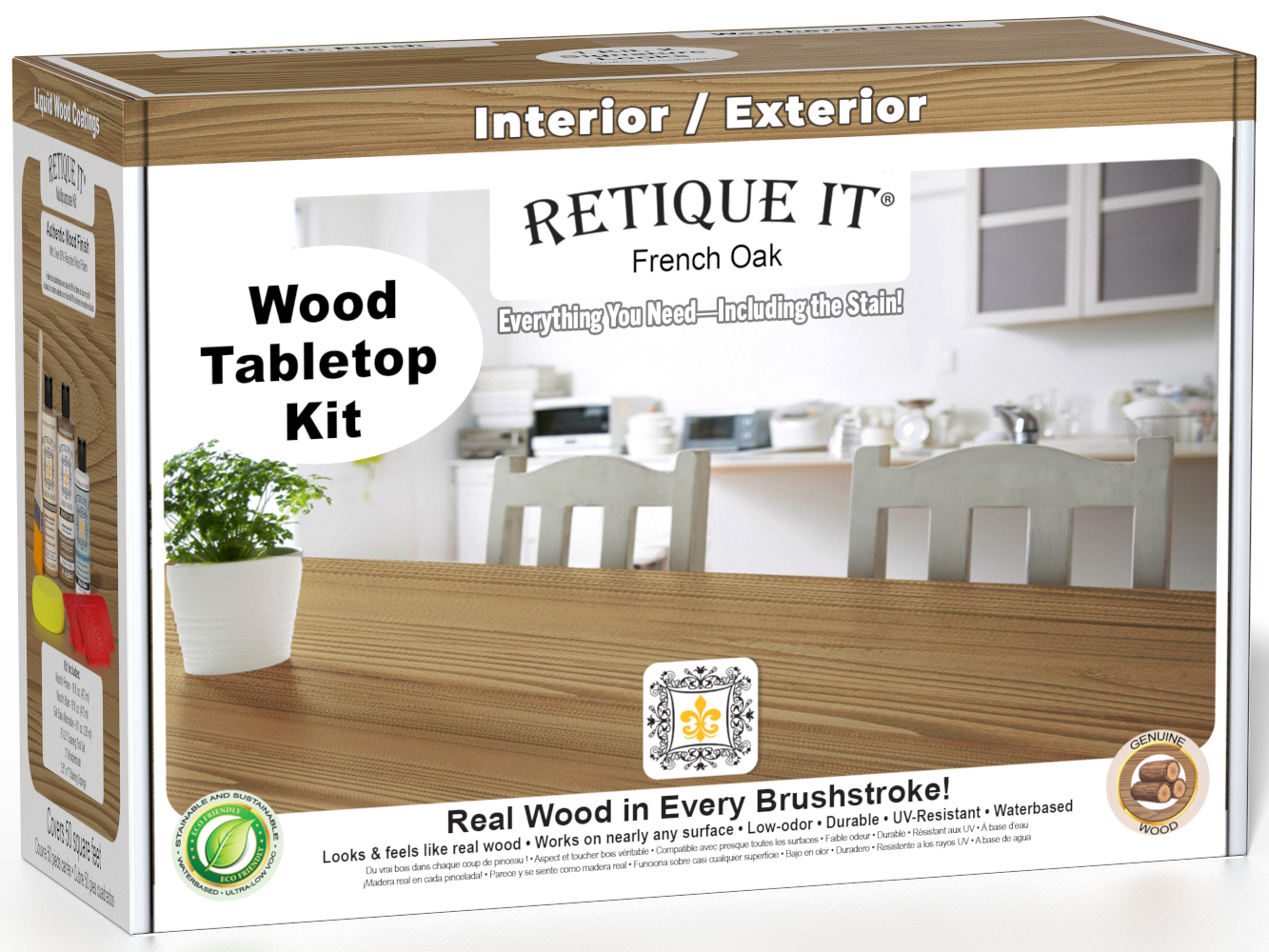 Retique It® Wood'n Finish Kit in French Oak for tabletops, featuring stain bottles and application tools in a compact box.