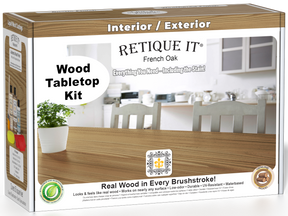 Retique It® Wood'n Finish Kit in French Oak for tabletops, featuring stain bottles and application tools in a compact box.