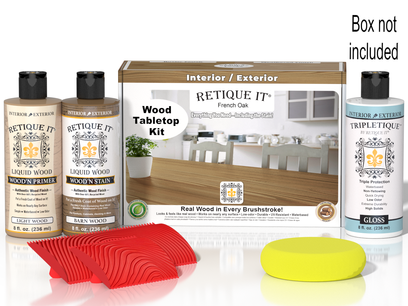 Retique It® Wood'n Finish Kit in French Oak stain for tabletops, featuring wood stain bottles and application tools.