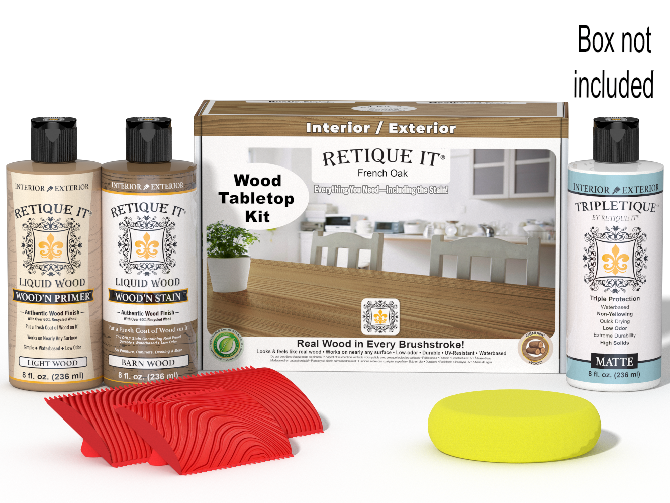 Retique It® Wood'n Finish Kit in French Oak stain for tabletops, includes stain bottles and finishing tools in the box.