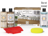 Retique It® Wood'n Finish Kit in French Oak stain for tabletops, includes stain bottles and finishing tools in the box.