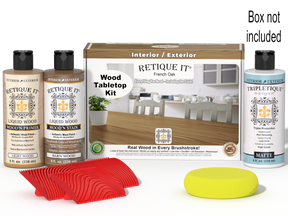 Retique It® Wood'n Finish Kit in French Oak stain for tabletops, includes stain bottles and finishing tools in the box.