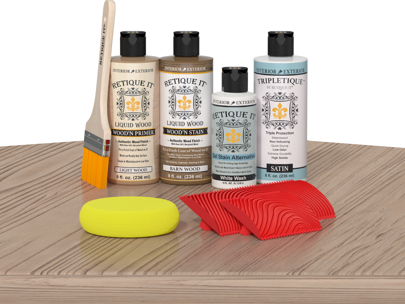 Retique It® Wood'n Finish Kit in French Oak for interior top coat, shown on table with wood sample and application tools.