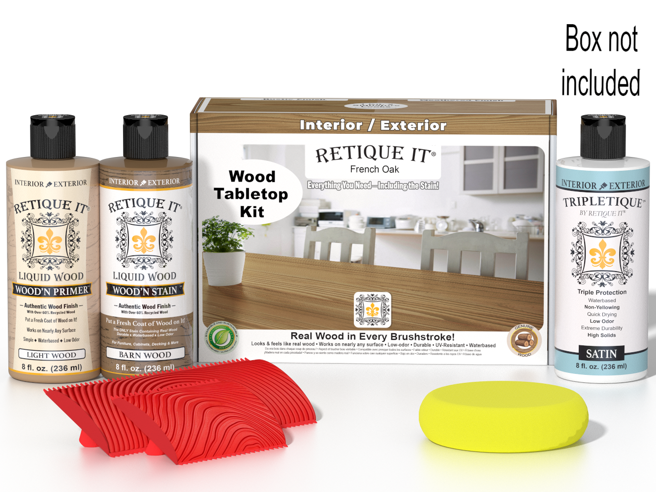 Retique It® Wood'n Finish Kit in French Oak stain for tabletops, featuring stain bottles and finishing supplies.