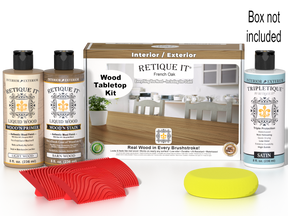 Retique It® Wood'n Finish Kit in French Oak stain for tabletops, featuring stain bottles and finishing supplies.