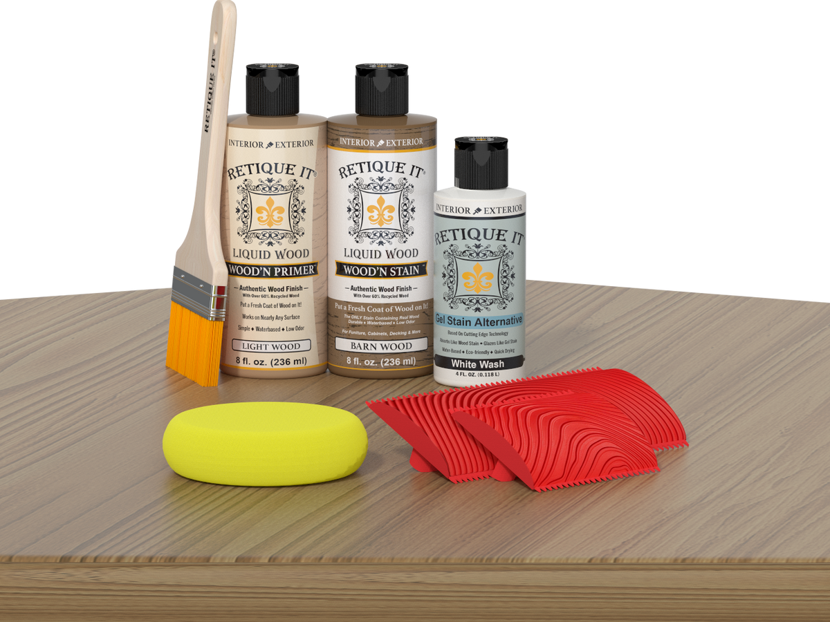 Retique It® Wood'n Finish Kit in French Oak stain for tabletops, featuring stained wood sample with French Oak finish.