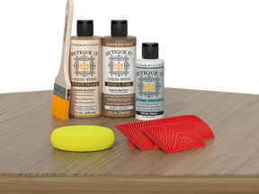 Retique It® Wood'n Finish Kit in French Oak stain for tabletops, featuring stained wood sample with French Oak finish.