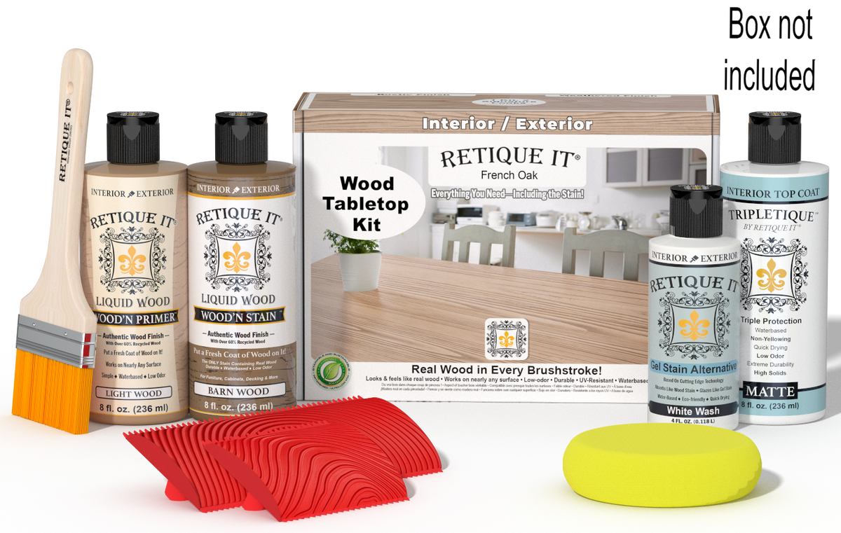 Retique It® French Oak Wood Tabletop Kit with Light Wood primer, Barn Wood stain, White Wash gel stain alternative, Matte Tripletique® Top Coat, brush, red graining tool, yellow sponge, and product box.