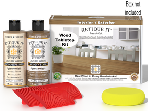Retique It® Wood'n Finish Kit French Oak stain for tabletops, includes stain box and application supplies.