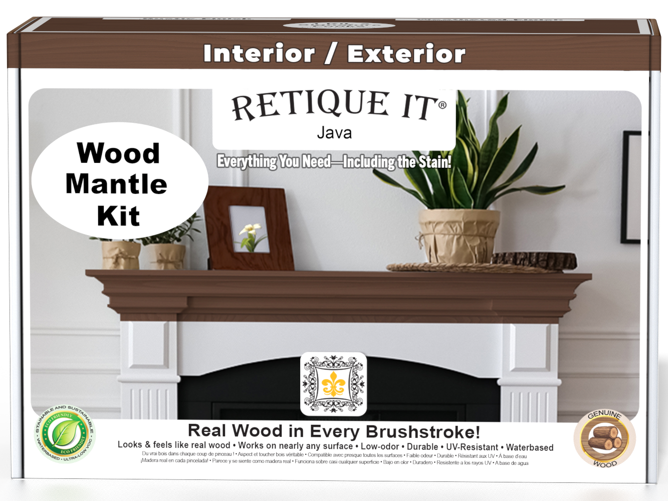 Retique It® Fireplace Mantel Wood'n Finish Kit in Java stain, showing a close-up of the stained wood mantel front with detailed wood grain.