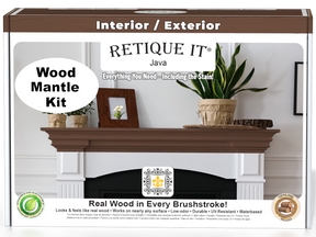 Retique It® Fireplace Mantel Wood'n Finish Kit in Java stain, showing a close-up of the stained wood mantel front with detailed wood grain.