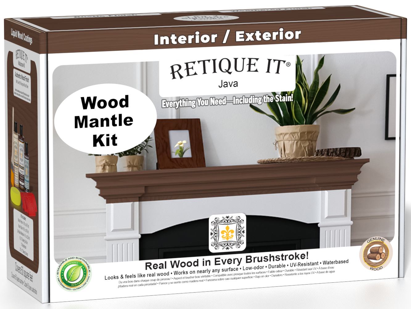 Retique It® Wood'n Finish Kit Java for fireplace mantels, includes stain box with wood stain for finishing and customizing fireplace mantels.