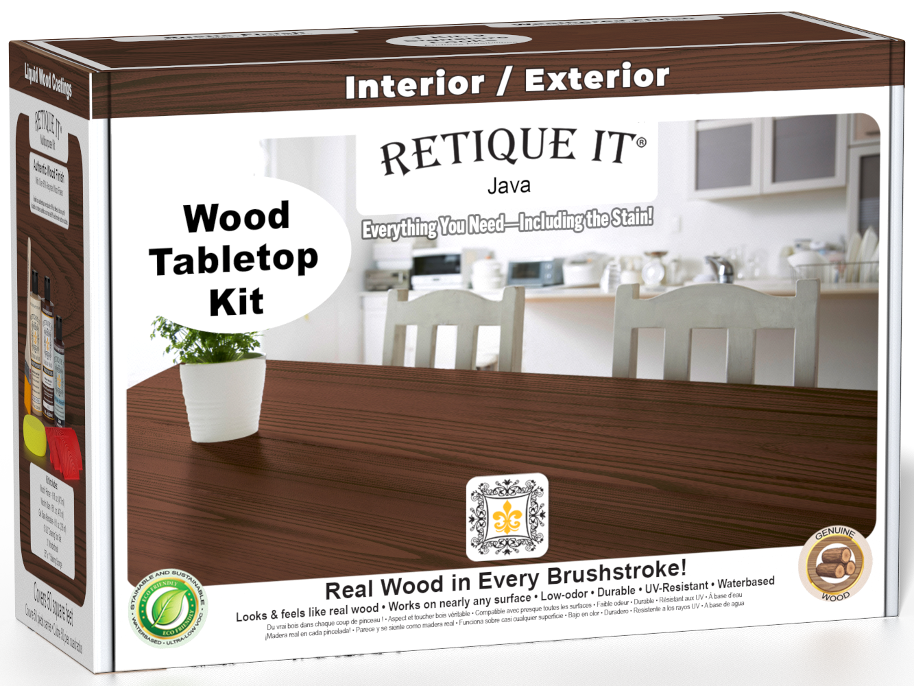 Retique It® Wood'n Finish Kit in Java for tabletops, featuring stain bottles and finishing tools for wood surface restoration.