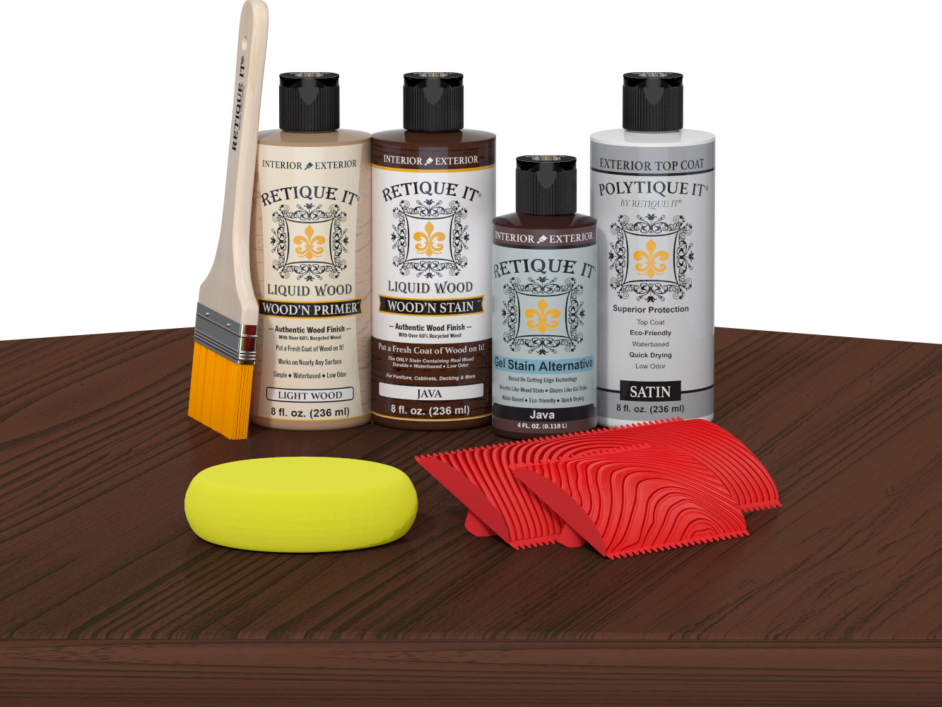 Retique It® Wood'n Kit Java exterior top coat with wooden finish kit on a table, showcasing natural wood texture and product packaging.