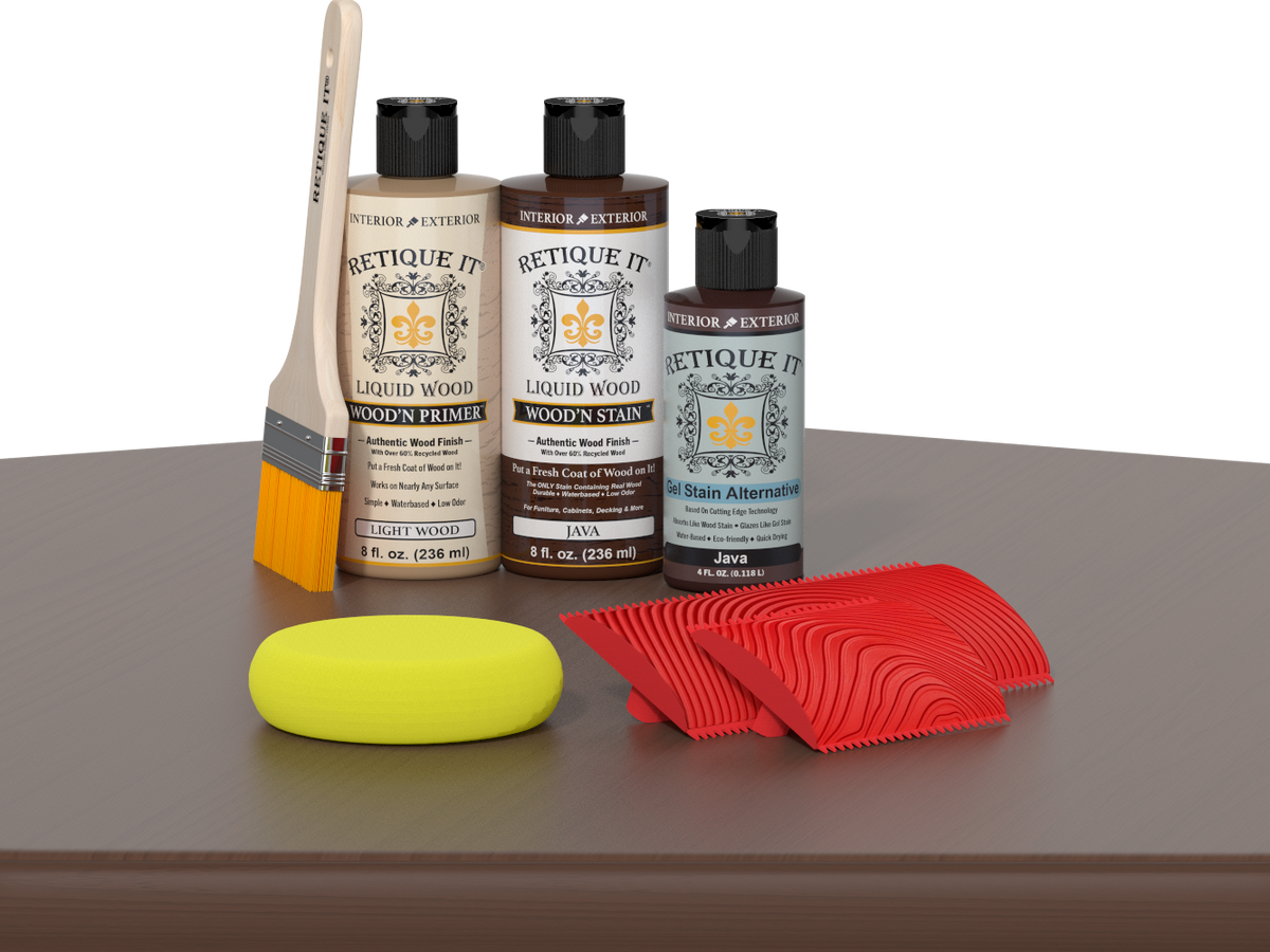 Retique It® Fireplace Mantel Wood'n Finish Kit in Java stain showing a wood sample with warm brown finish and natural wood grain details.