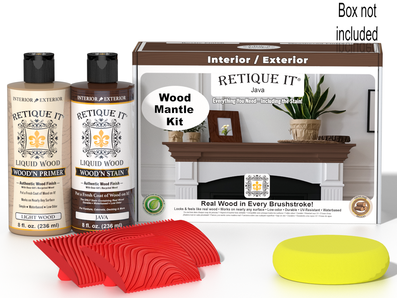Retique It® Wood'n Finish Kit in Java stain for fireplace mantels, featuring wood stain bottles and finishing accessories.