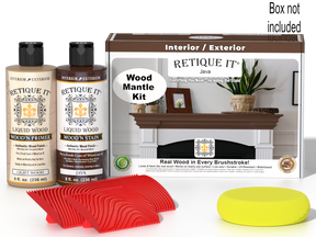 Retique It® Wood'n Finish Kit in Java stain for fireplace mantels, featuring wood stain bottles and finishing accessories.