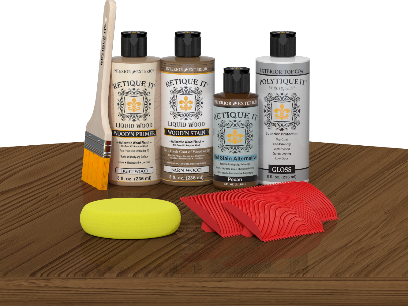 Retique It® Wood'n Finish Kit in Modern Walnut with exterior topcoat, shown on a table, for multi-purpose wood finishing projects.