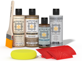 Retique It® Wood'n Finish Kit in Modern Walnut with exterior topcoat, featuring wood finish and application tools.