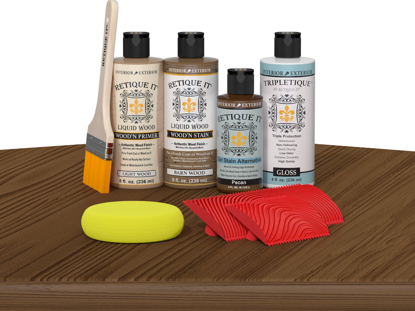 Retique It® Wood'n Kit in Modern Walnut with interior topcoat, displayed on a table for multi-purpose wood finishing.