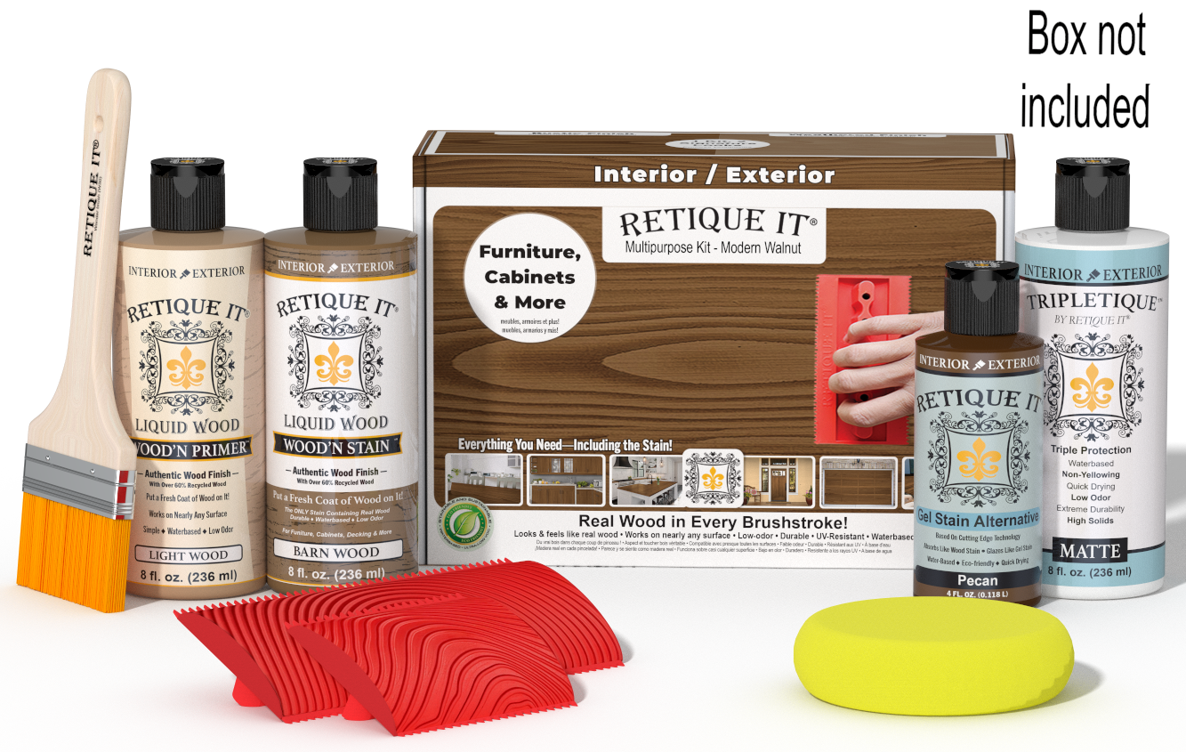 Retique It® Wood'n Kit in Modern Walnut for interior topcoat, featuring wood finish tools and materials in a compact box.