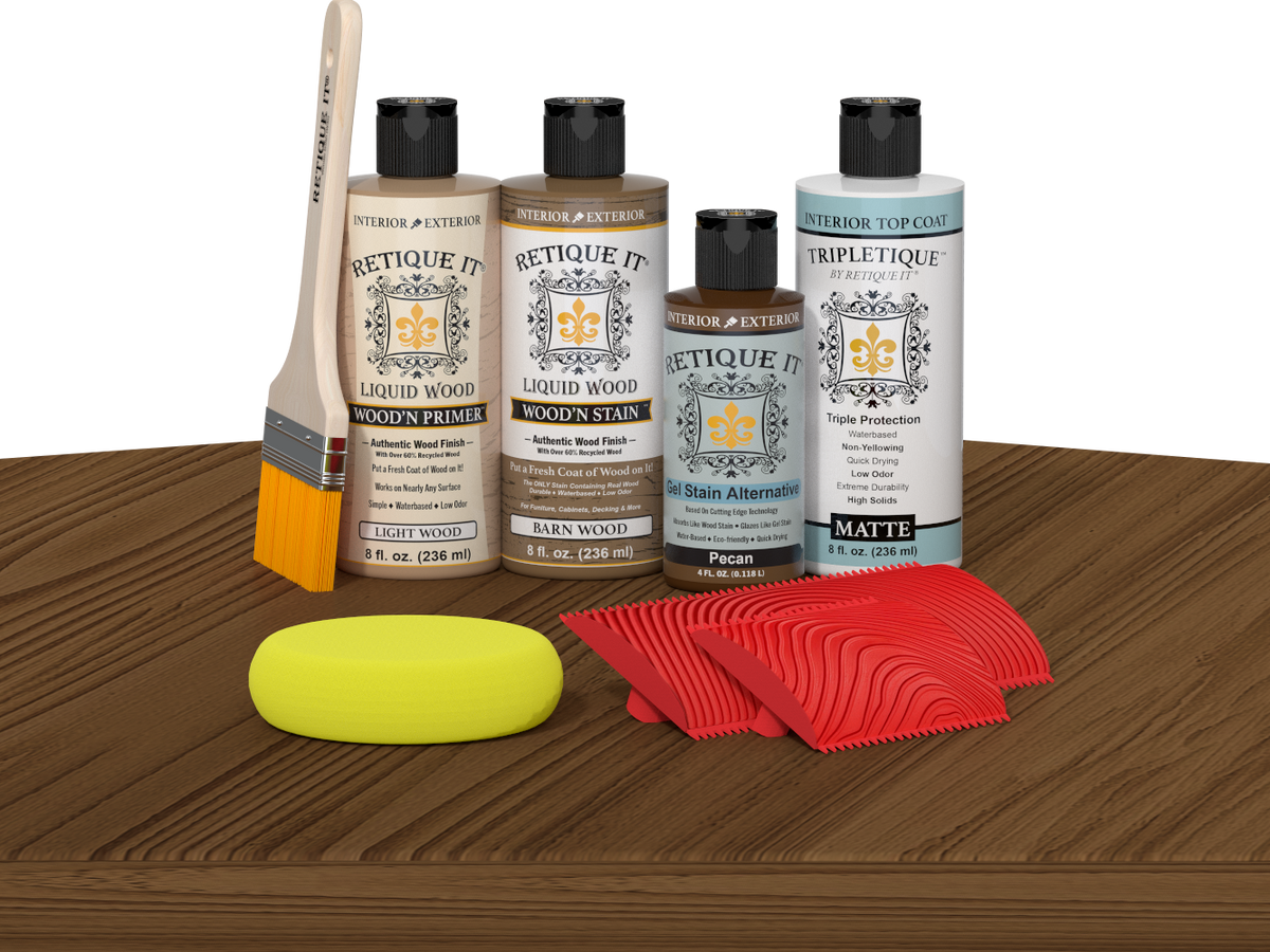 Retique It® Barn Wood Wood'n Kit with Light Wood Primer, Barn Wood Wood'n Stain, Matte TripleTique Top Coat, Pecan Gel Stain Alternative, yellow sponge, red graining tool, and brush.