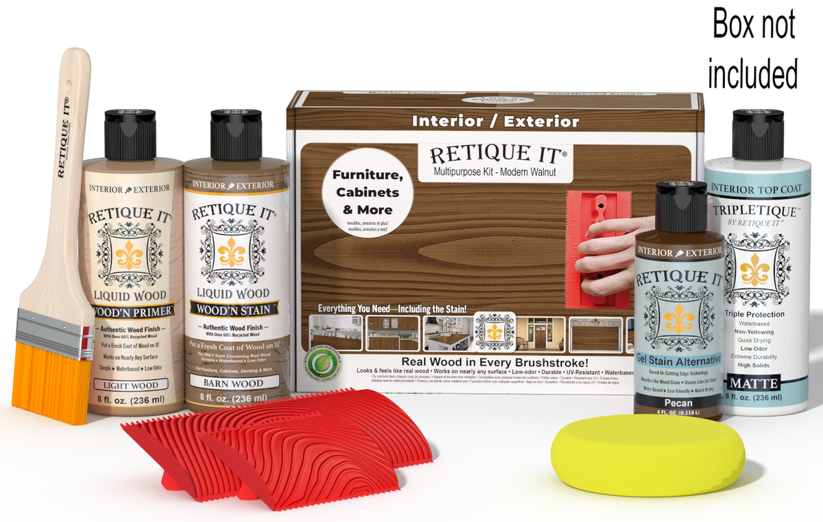 Retique It® Modern Walnut Multipurpose Kit with Light Wood primer, Barn Wood stain, Pecan gel stain alternative, Matte Tripletique® Top Coat, brush, red graining tool, yellow sponge, and product box.
