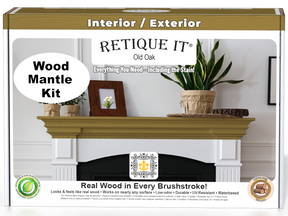 Retique It® Fireplace Mantel Wood'n Finish Kit in Old Oak stain, showing a detailed front view of the wood finish application.
