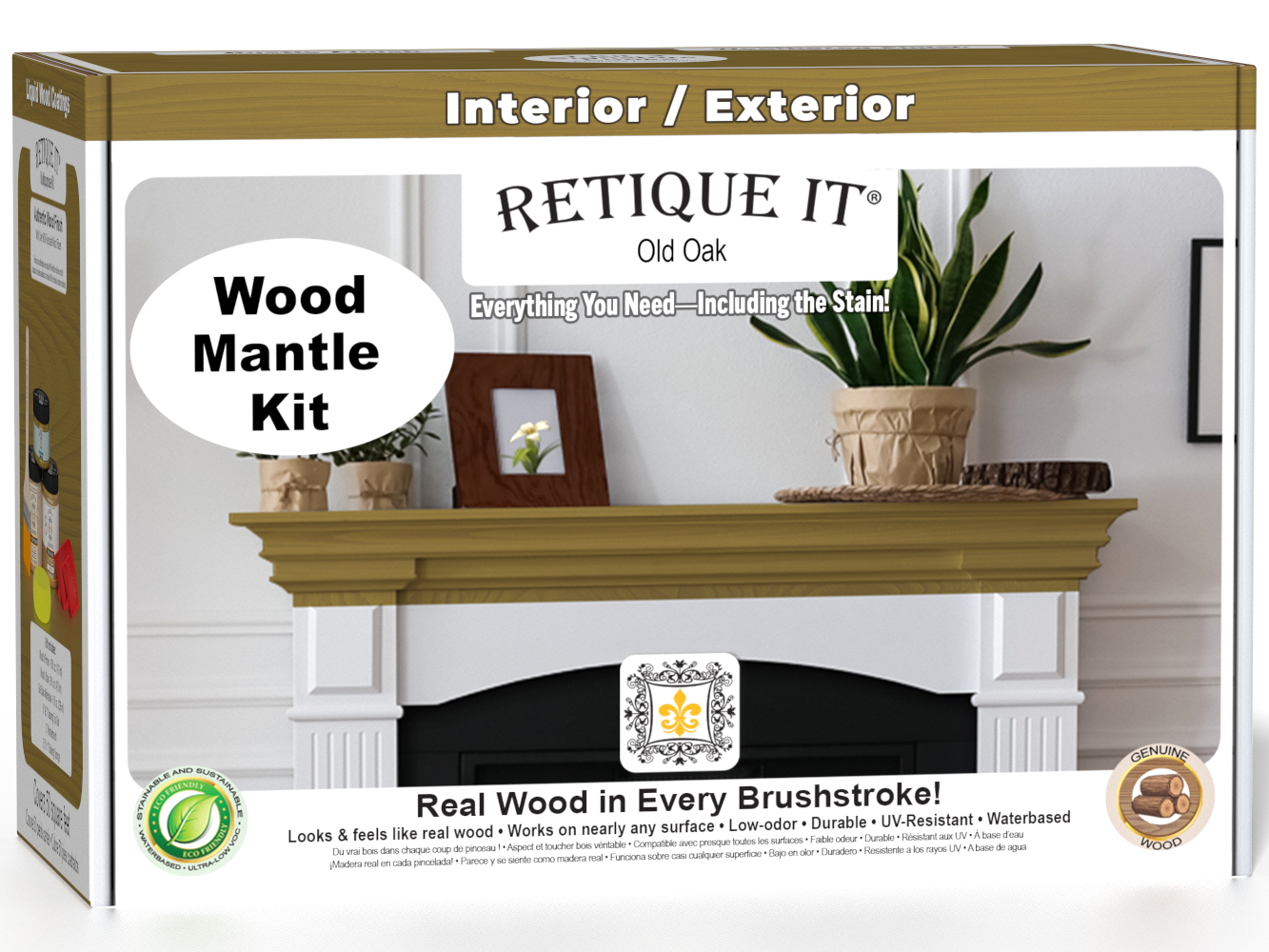 Retique It® Wood'n Finish Kit in Old Oak stain, showcasing the wood finish options for fireplace mantel refinishing.