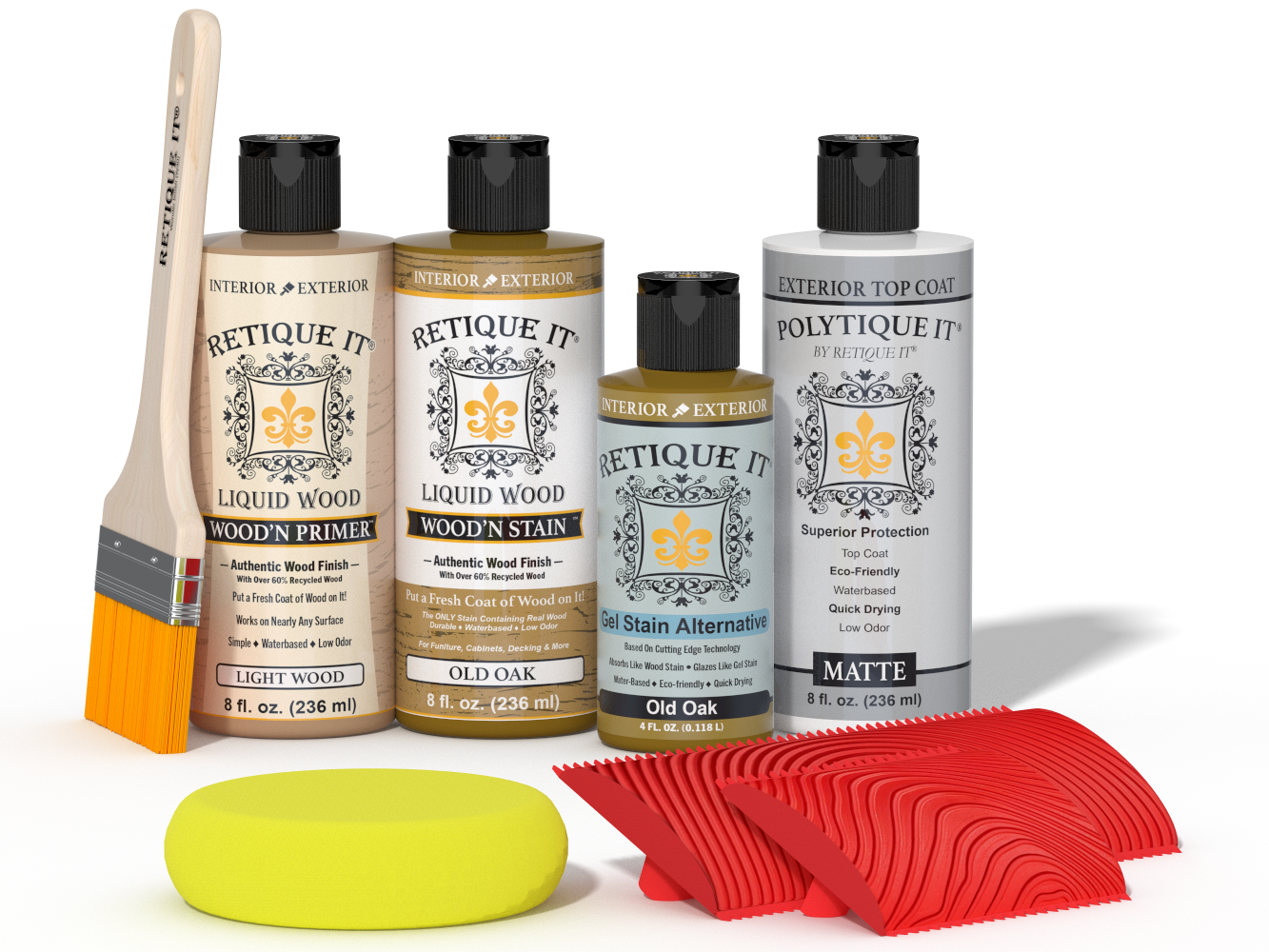 Retique ItÂ® Wood'n Finish Kit in Old Oak for exterior top coating, showing wood surface with finish application tools.