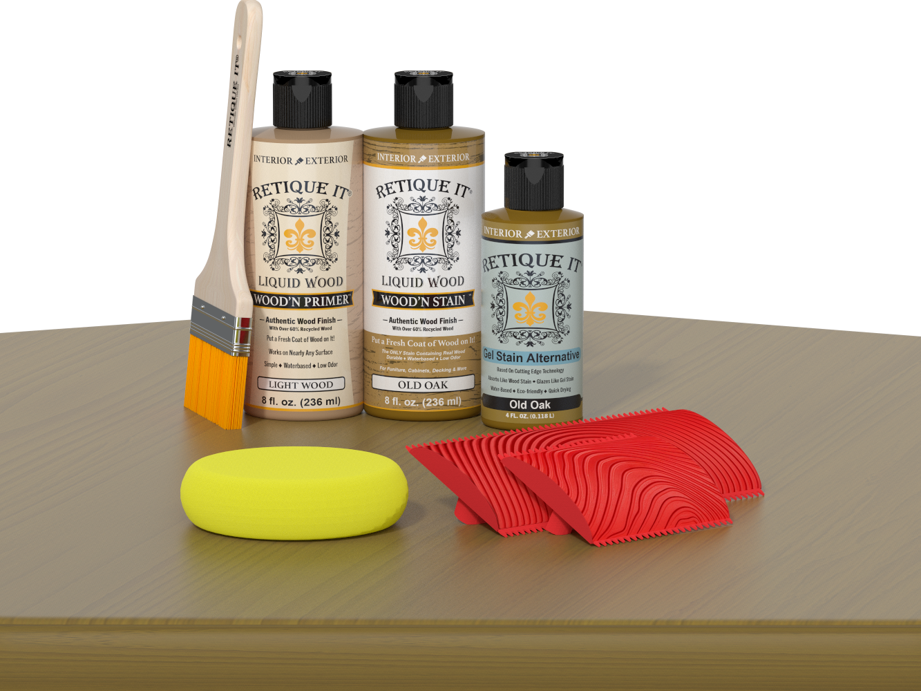 Retique It® Fireplace Mantel Wood'n Finish Kit in Old Oak stain, showcasing the wood finish and application details.