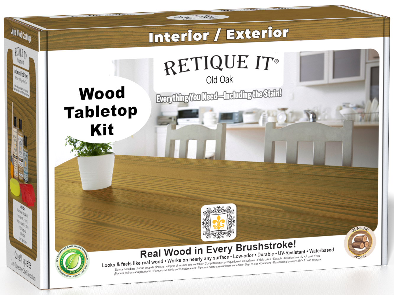 Retique It® Old Oak Wood Tabletop Kit retail box featuring an Old Oak wood tabletop finish and kitchen scene.