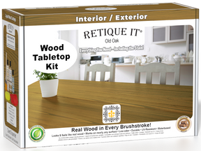 Retique It® Old Oak Wood Tabletop Kit retail box featuring an Old Oak wood tabletop finish and kitchen scene.