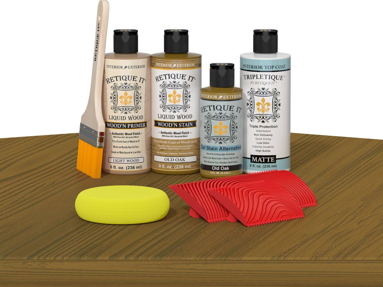 Retique It® Old Oak Wood'n Kit with Light Wood primer, Old Oak stain, Old Oak gel stain alternative, Matte Tripletique® Top Coat, brush, red graining tool, and yellow sponge.